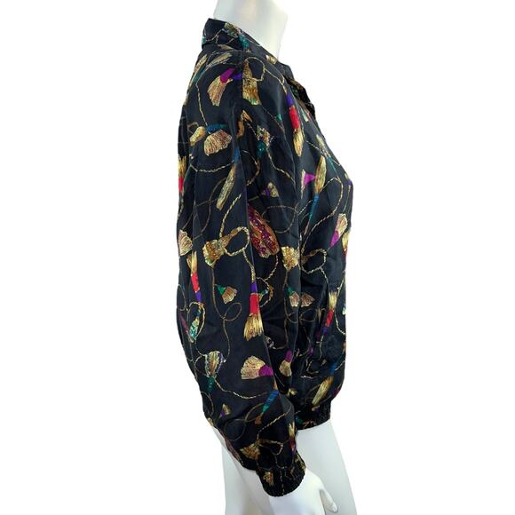 Vintage 90s Rhoda Lynne 100% Silk Tassel Print Bomber Jacket - Size Small - Picture 4 of 9